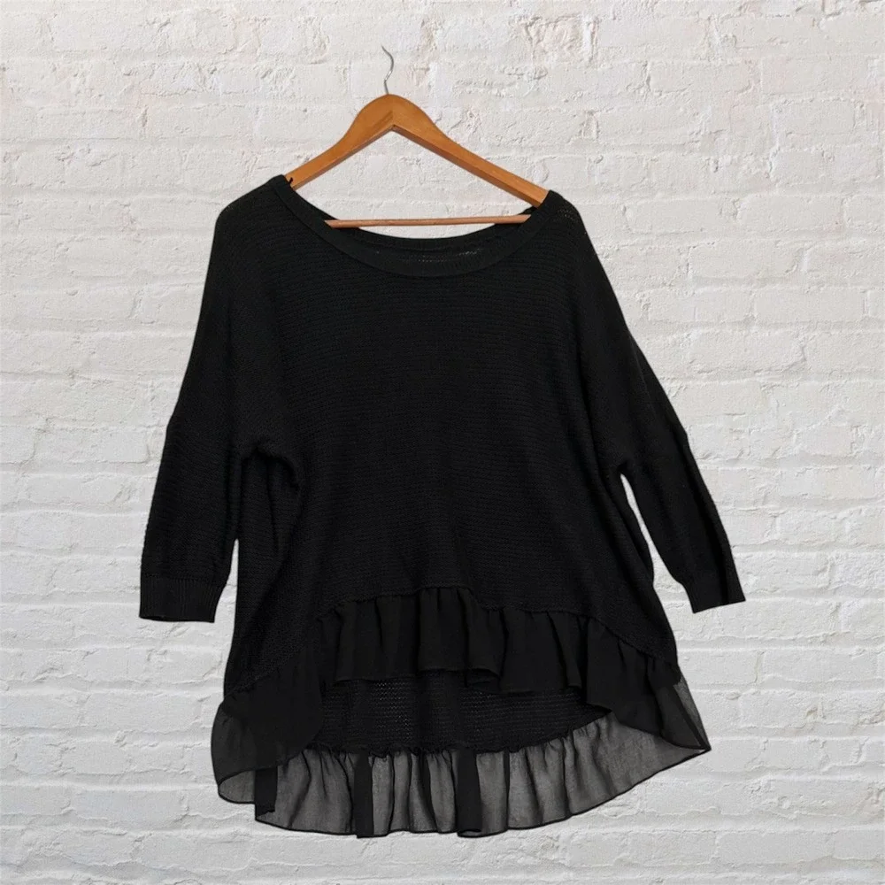 American‎ Eagle Outfitters Black Knit Ruffle Chiffon Hem Sweater Top Small